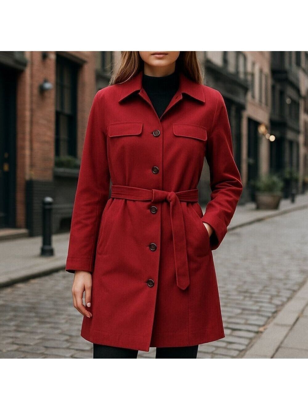 ✨ Brooks Brothers Women’s Belted Trench Coat – Size 12 – Deep Red – Excellent
